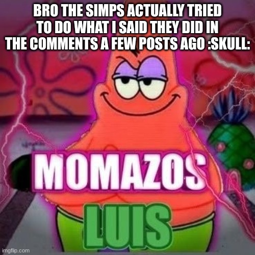 momazos luis | BRO THE SIMPS ACTUALLY TRIED TO DO WHAT I SAID THEY DID IN THE COMMENTS A FEW POSTS AGO :SKULL: | image tagged in momazos luis | made w/ Imgflip meme maker