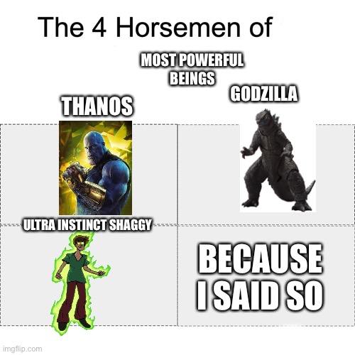 Four horsemen | MOST POWERFUL
BEINGS; GODZILLA; THANOS; ULTRA INSTINCT SHAGGY; BECAUSE I SAID SO | image tagged in four horsemen | made w/ Imgflip meme maker