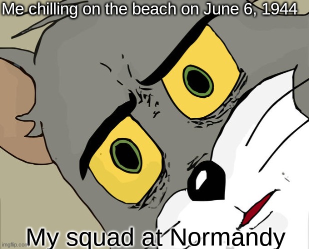D-day landing be like | Me chilling on the beach on June 6, 1944; My squad at Normandy | image tagged in memes,unsettled tom | made w/ Imgflip meme maker