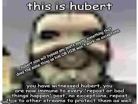 hubert | hubert also will bypass any posts saying something that does the same thing as him OR HIM won't work. no exceptions. | image tagged in hubert | made w/ Imgflip meme maker