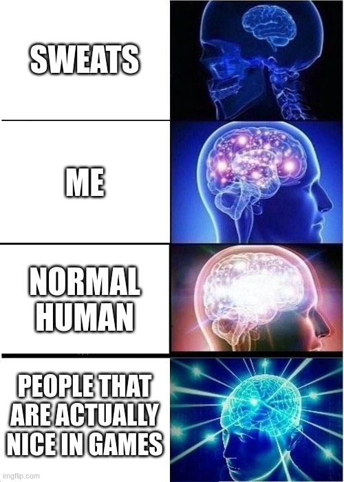 Expanding Brain Meme | SWEATS; ME; NORMAL HUMAN; PEOPLE THAT ARE ACTUALLY NICE IN GAMES | image tagged in memes,expanding brain | made w/ Imgflip meme maker