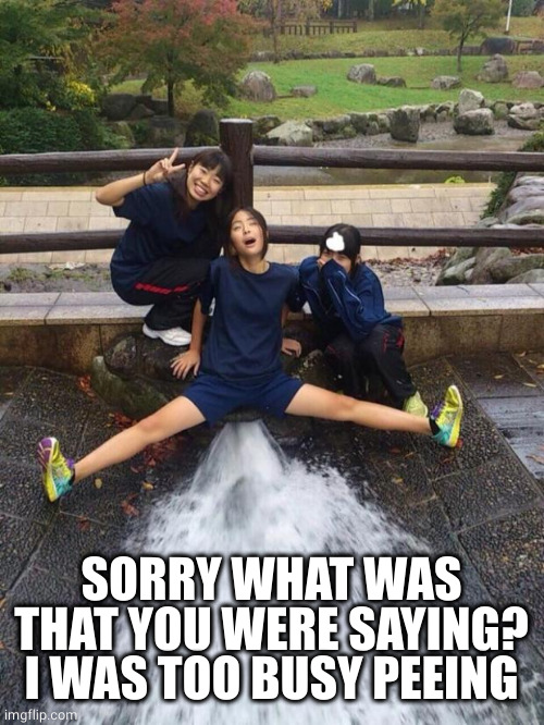 Excited Girls | SORRY WHAT WAS THAT YOU WERE SAYING? I WAS TOO BUSY PEEING | image tagged in excited girls | made w/ Imgflip meme maker