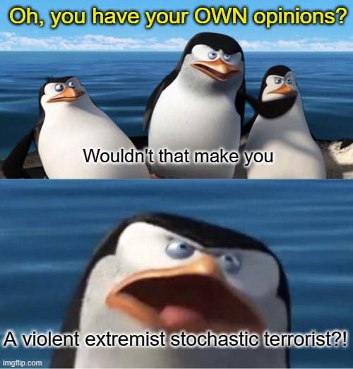 I'm not even sure what "stochastic" means, tbh. | Oh, you have your OWN opinions? Wouldn't that make you; A violent extremist stochastic terrorist?! | image tagged in wouldn't that make you | made w/ Imgflip meme maker
