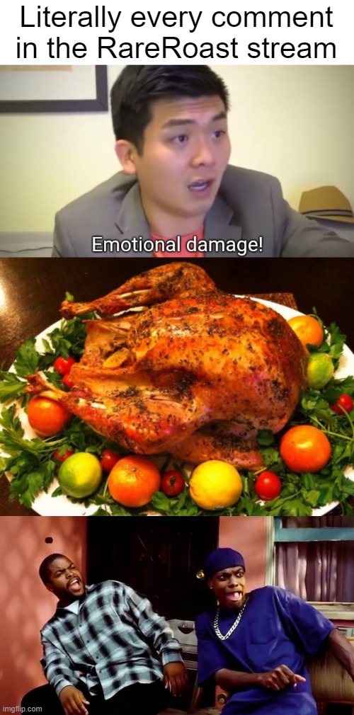 Literally every comment in the RareRoast stream | image tagged in emotional damage,roasted turkey,daaamn | made w/ Imgflip meme maker