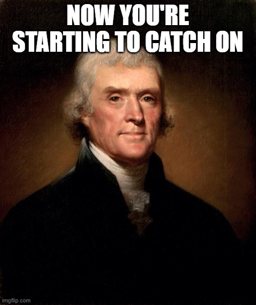 Thomas Jefferson  | NOW YOU'RE STARTING TO CATCH ON | image tagged in thomas jefferson | made w/ Imgflip meme maker