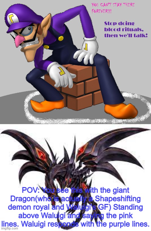 POV In Blue | POV: You see this with the giant Dragon(who is actually a Shapeshifting demon royal and Waluigi's GF) Standing above Waluigi and saying the pink lines. Waluigi responds with the purple lines. | made w/ Imgflip meme maker