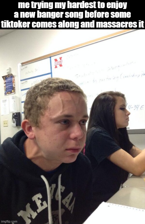 Hold fart | me trying my hardest to enjoy a new banger song before some tiktoker comes along and massacres it | image tagged in hold fart | made w/ Imgflip meme maker