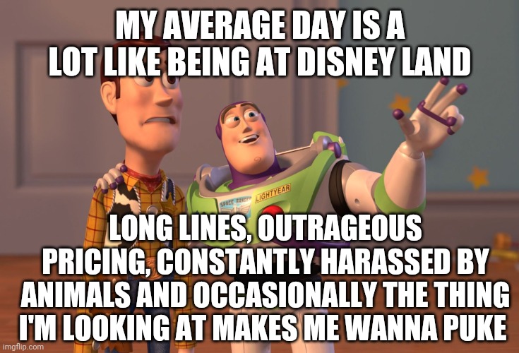X, X Everywhere | MY AVERAGE DAY IS A LOT LIKE BEING AT DISNEY LAND; LONG LINES, OUTRAGEOUS PRICING, CONSTANTLY HARASSED BY ANIMALS AND OCCASIONALLY THE THING I'M LOOKING AT MAKES ME WANNA PUKE | image tagged in memes,x x everywhere | made w/ Imgflip meme maker
