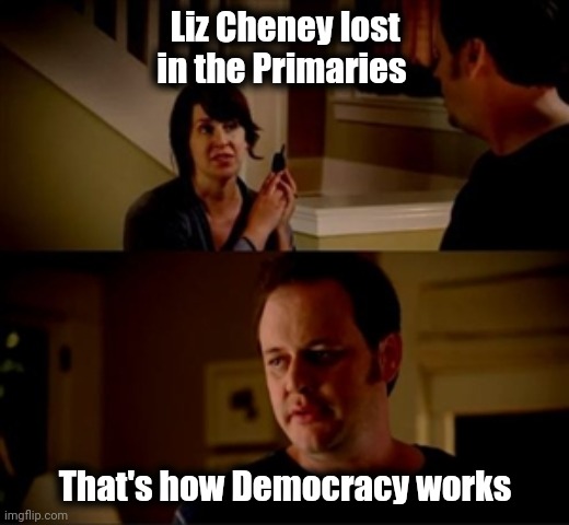 Jake from state farm | Liz Cheney lost in the Primaries That's how Democracy works | image tagged in jake from state farm | made w/ Imgflip meme maker