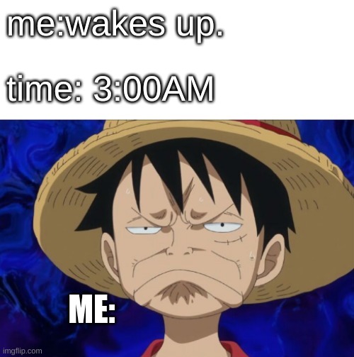 I HATE IT WHEN THAT HAAPPENS!!!!!!!!!!!! | me:wakes up. time: 3:00AM; ME: | image tagged in one piece luffy pout | made w/ Imgflip meme maker