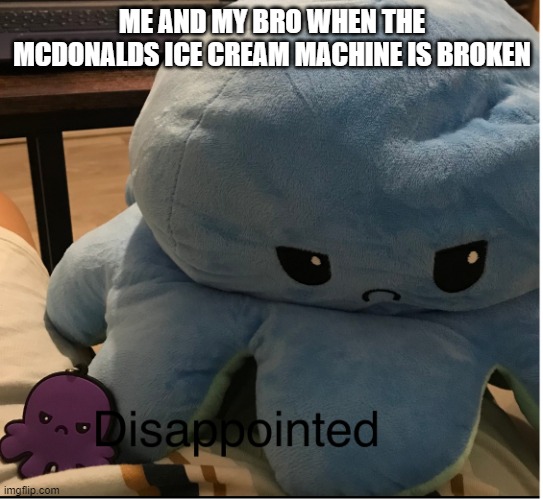 pretty cool octopi | ME AND MY BRO WHEN THE MCDONALDS ICE CREAM MACHINE IS BROKEN | image tagged in dissapointed mood squids | made w/ Imgflip meme maker