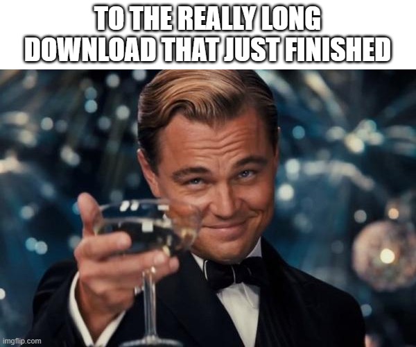 Leonardo Dicaprio Cheers Meme | TO THE REALLY LONG DOWNLOAD THAT JUST FINISHED | image tagged in memes,leonardo dicaprio cheers,relatable | made w/ Imgflip meme maker