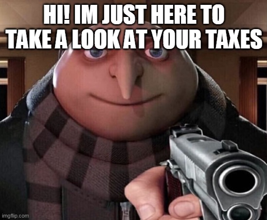 Armed IRS | HI! IM JUST HERE TO TAKE A LOOK AT YOUR TAXES | image tagged in gru gun,irs,armed,guns | made w/ Imgflip meme maker