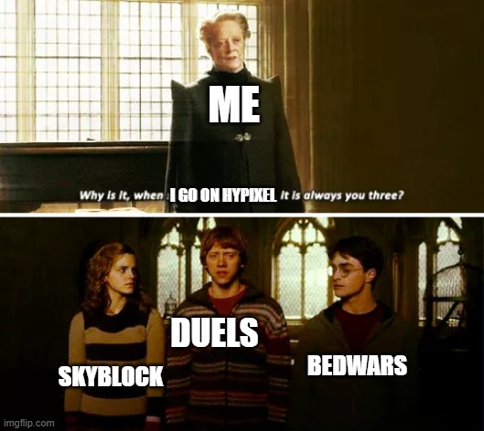 hypixel for me | ME; I GO ON HYPIXEL; DUELS; BEDWARS; SKYBLOCK | image tagged in always you three | made w/ Imgflip meme maker
