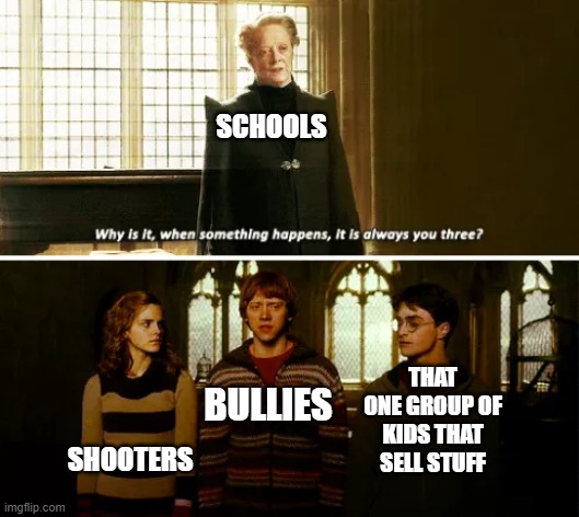 am i lying | SCHOOLS; THAT ONE GROUP OF KIDS THAT SELL STUFF; BULLIES; SHOOTERS | image tagged in always you three | made w/ Imgflip meme maker