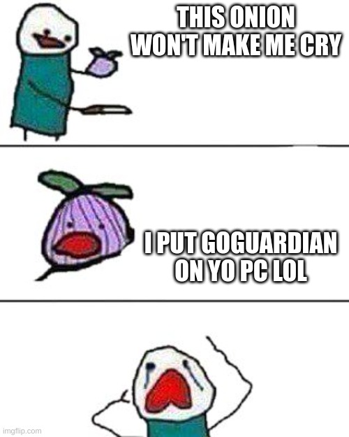 this onion won't make me cry | THIS ONION WON'T MAKE ME CRY; I PUT GOGUARDIAN ON YO PC LOL | image tagged in this onion won't make me cry | made w/ Imgflip meme maker