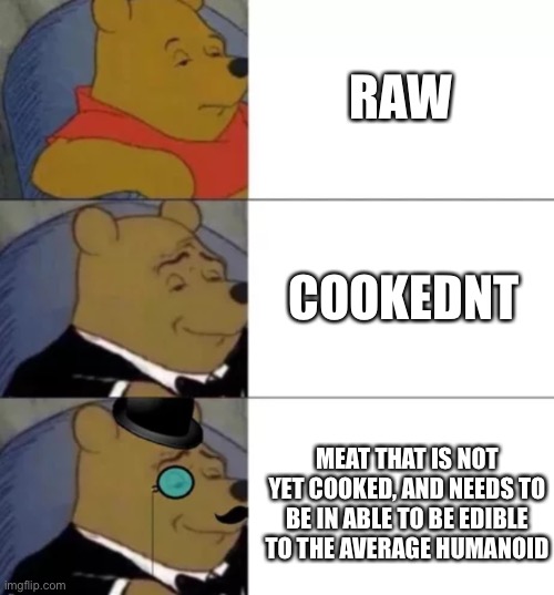 Fancy pooh | RAW COOKEDNT MEAT THAT IS NOT YET COOKED, AND NEEDS TO BE IN ABLE TO BE EDIBLE TO THE AVERAGE HUMANOID | image tagged in fancy pooh | made w/ Imgflip meme maker