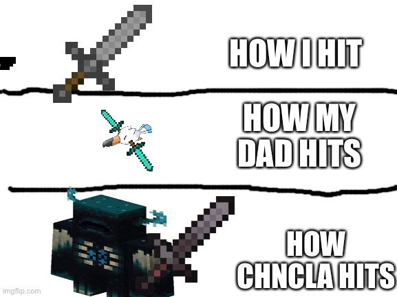 Stuff | HOW I HIT; HOW MY DAD HITS; HOW CHNCLA HITS | image tagged in blank white template | made w/ Imgflip meme maker