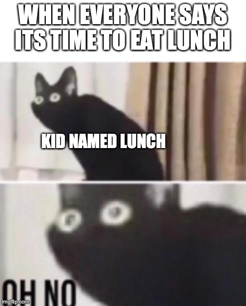 oh crap | WHEN EVERYONE SAYS ITS TIME TO EAT LUNCH; KID NAMED LUNCH | image tagged in oh no cat,run | made w/ Imgflip meme maker