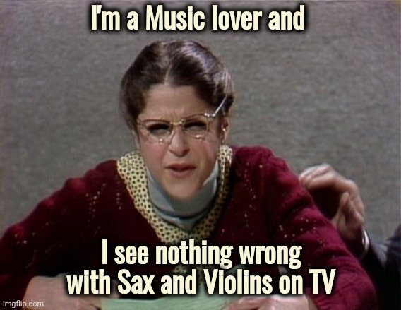Emily Litella | I'm a Music lover and I see nothing wrong with Sax and Violins on TV | image tagged in emily litella | made w/ Imgflip meme maker