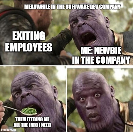 new hire in the company | MEANWHILE IN THE SOFTWARE DEV COMPANY; EXITING EMPLOYEES; ME: NEWBIE IN THE COMPANY; THEM FEEDING ME ALL THE INFO I NEED | image tagged in thor feeding thanos,newbie in the company | made w/ Imgflip meme maker