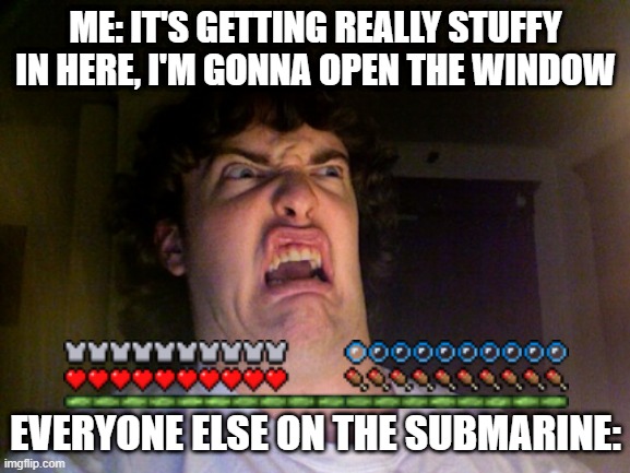 minecraft | ME: IT'S GETTING REALLY STUFFY IN HERE, I'M GONNA OPEN THE WINDOW; EVERYONE ELSE ON THE SUBMARINE: | image tagged in memes,oh no | made w/ Imgflip meme maker