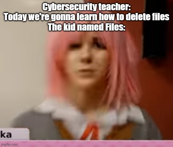 kid named files | Cybersecurity teacher: Today we're gonna learn how to delete files
The kid named Files: | image tagged in surprised natsuki,kid named x | made w/ Imgflip meme maker
