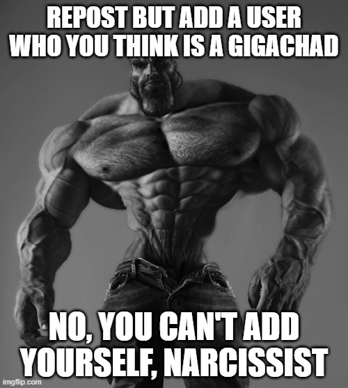 GigaChad | REPOST BUT ADD A USER WHO YOU THINK IS A GIGACHAD; NO, YOU CAN'T ADD YOURSELF, NARCISSIST | image tagged in gigachad | made w/ Imgflip meme maker