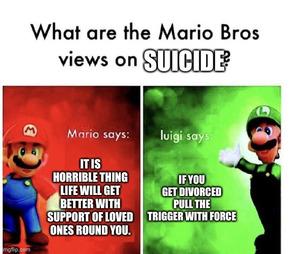 What are the mario bros veiws on | SUICIDE; IT IS HORRIBLE THING LIFE WILL GET BETTER WITH SUPPORT OF LOVED ONES ROUND YOU. IF YOU GET DIVORCED PULL THE TRIGGER WITH FORCE | image tagged in mario bros views,super mario bros,what are the mario bros views on | made w/ Imgflip meme maker