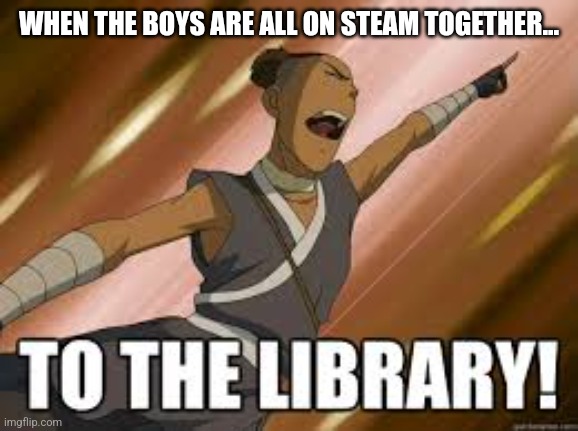 Steam Sokka | WHEN THE BOYS ARE ALL ON STEAM TOGETHER... | image tagged in gaming,steam,sokka,library,funny | made w/ Imgflip meme maker