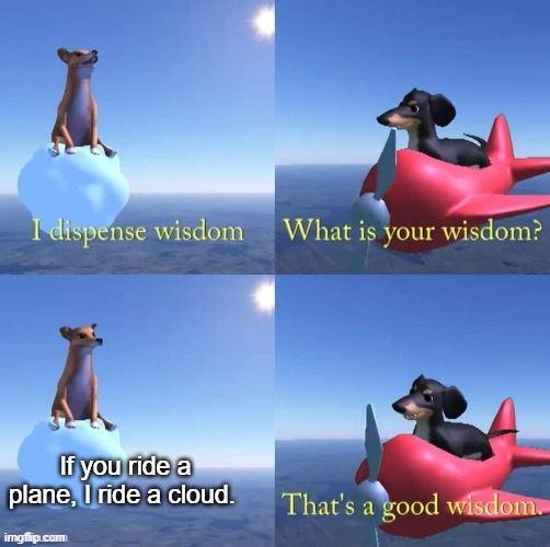 I beleive i can fly | If you ride a plane, I ride a cloud. | image tagged in wisdom dog | made w/ Imgflip meme maker