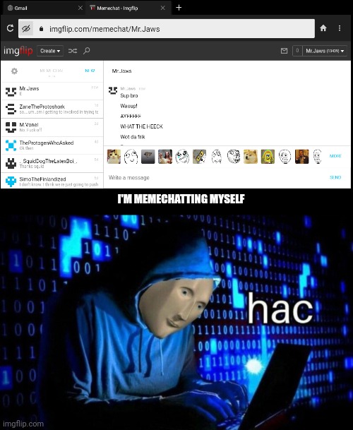 I'm memechatting myself. | I'M MEMECHATTING MYSELF | image tagged in hac | made w/ Imgflip meme maker