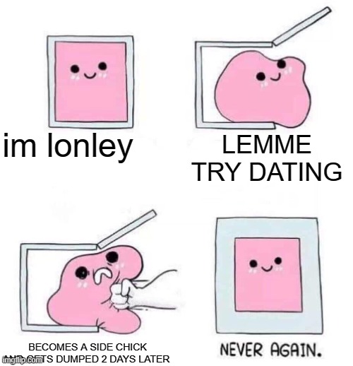 Never again | im lonley; LEMME TRY DATING; BECOMES A SIDE CHICK AND GETS DUMPED 2 DAYS LATER | image tagged in never again | made w/ Imgflip meme maker