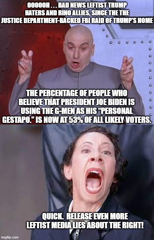 Yep . . . you leftists are going to need an even bigger boat load of lies. | OOOOOH . . . BAD NEWS LEFTIST TRUMP HATERS AND RINO ALLIES, SINCE THE THE JUSTICE DEPARTMENT-BACKED FBI RAID OF TRUMP'S HOME; THE PERCENTAGE OF PEOPLE WHO BELIEVE THAT PRESIDENT JOE BIDEN IS USING THE G-MEN AS HIS “PERSONAL GESTAPO.” IS NOW AT 53% OF ALL LIKELY VOTERS. QUICK.  RELEASE EVEN MORE LEFTIST MEDIA LIES ABOUT THE RIGHT! | image tagged in dr evil laser | made w/ Imgflip meme maker