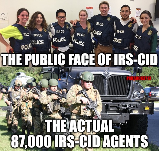 When you need to build a loyal 87,000 strong private Army. | THE PUBLIC FACE OF IRS-CID; PARADOX3713; THE ACTUAL 87,000 IRS-CID AGENTS | image tagged in memes,politics,irs,fbi,tyranny,trending | made w/ Imgflip meme maker