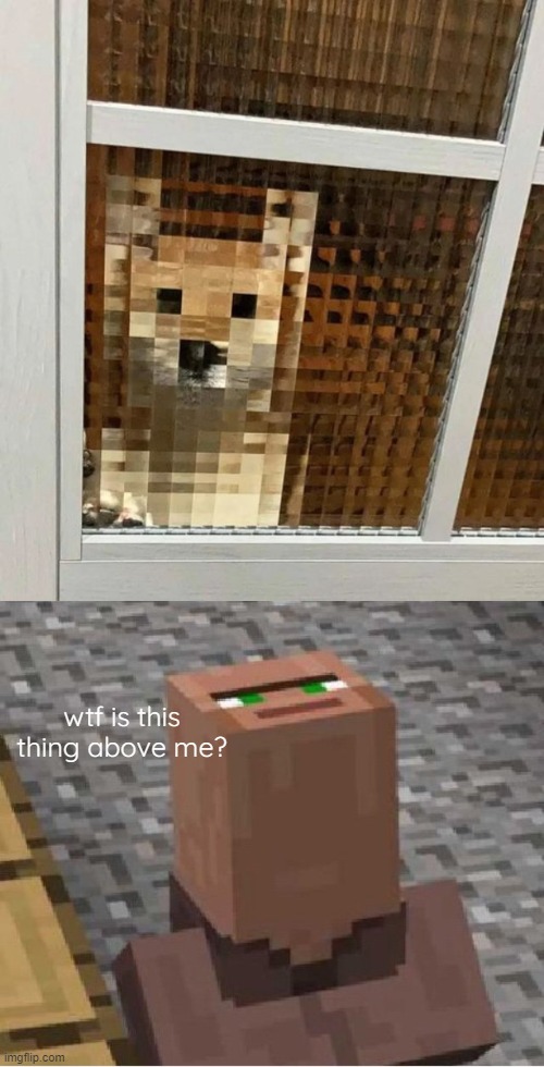 wtf is this thing above me? | image tagged in minecraft villager looking up | made w/ Imgflip meme maker