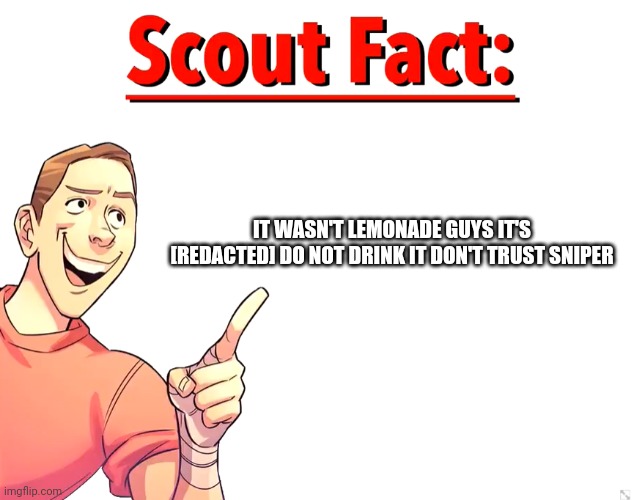 DON'T DRINK IT GUYS | IT WASN'T LEMONADE GUYS IT'S [REDACTED] DO NOT DRINK IT DON'T TRUST SNIPER | image tagged in scout fact | made w/ Imgflip meme maker