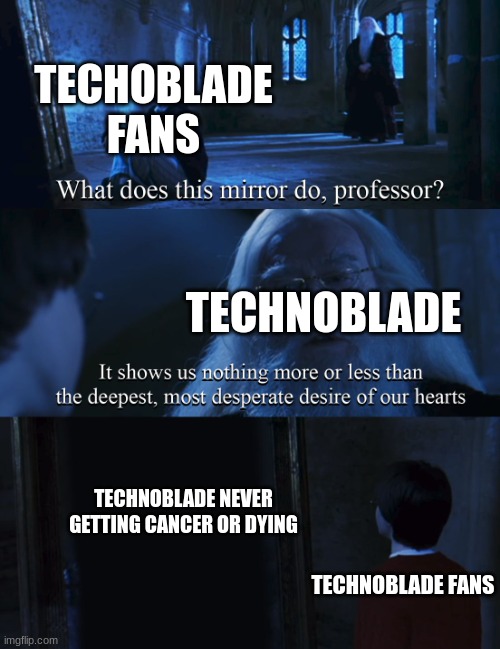 in hoor of the lost legend many minecraft players loved | TECHOBLADE FANS; TECHNOBLADE; TECHNOBLADE NEVER GETTING CANCER OR DYING; TECHNOBLADE FANS | image tagged in harry potter mirror | made w/ Imgflip meme maker
