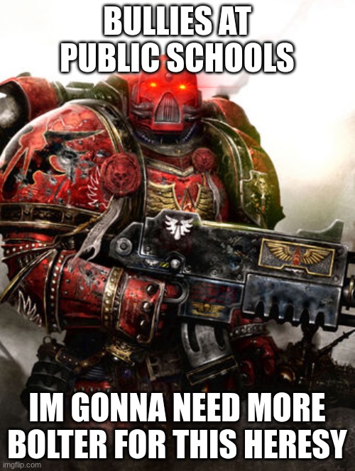 BULLIES AT PUBLIC SCHOOLS IM GONNA NEED MORE BOLTER FOR THIS HERESY | image tagged in blood angel | made w/ Imgflip meme maker