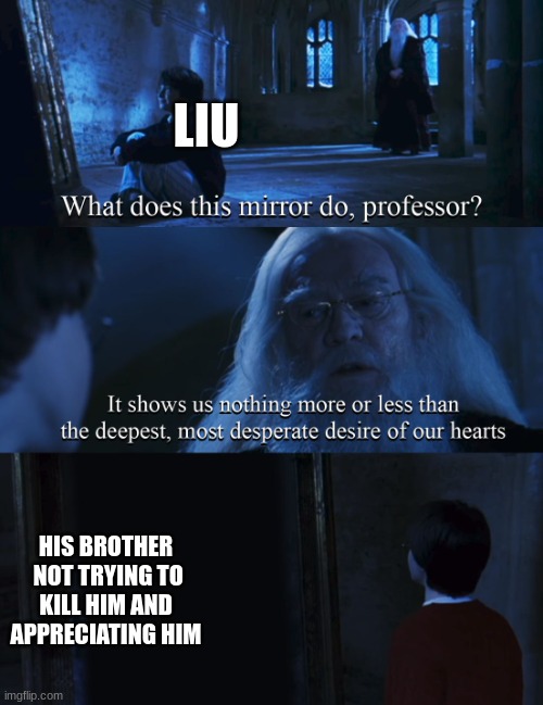 meme4 | LIU; HIS BROTHER  NOT TRYING TO KILL HIM AND APPRECIATING HIM | image tagged in harry potter mirror,creepypasta | made w/ Imgflip meme maker