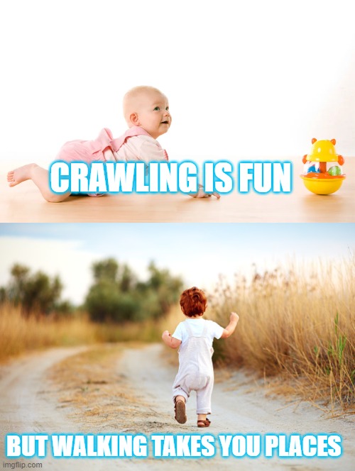 CRAWLING IS FUN; BUT WALKING TAKES YOU PLACES | image tagged in babies | made w/ Imgflip meme maker