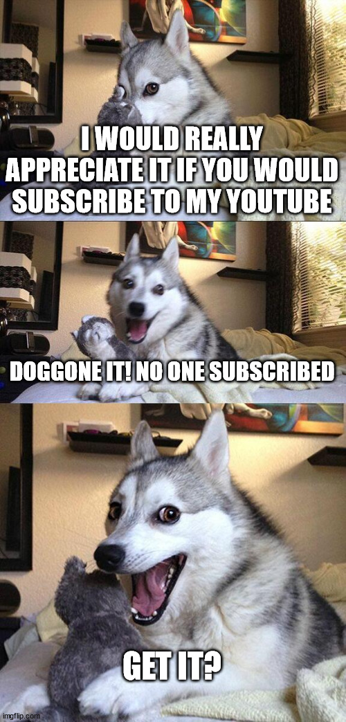 I post gaming vids 3 to 4 times a week :) | I WOULD REALLY APPRECIATE IT IF YOU WOULD SUBSCRIBE TO MY YOUTUBE; DOGGONE IT! NO ONE SUBSCRIBED; GET IT? | image tagged in memes,bad pun dog | made w/ Imgflip meme maker