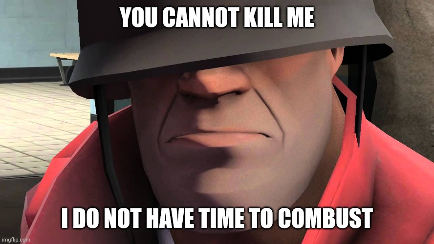 Idk | YOU CANNOT KILL ME; I DO NOT HAVE TIME TO COMBUST | image tagged in tf2 soldier,barney will eat all of your delectable biscuits | made w/ Imgflip meme maker