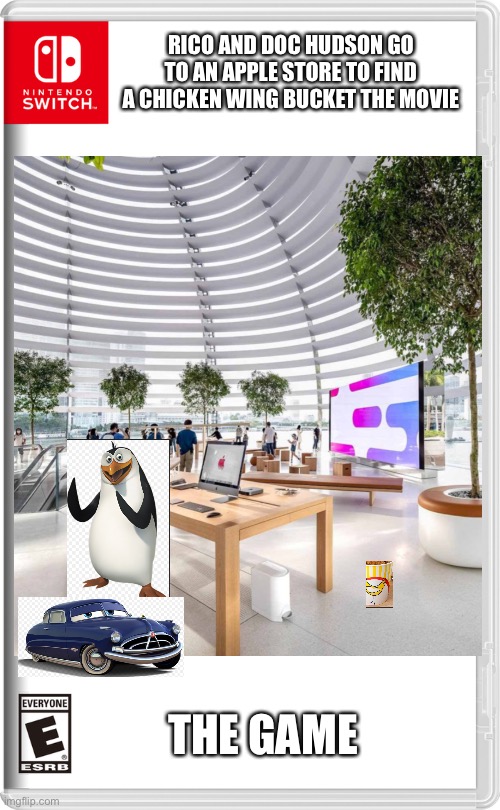 New funky mode! | RICO AND DOC HUDSON GO TO AN APPLE STORE TO FIND A CHICKEN WING BUCKET THE MOVIE; THE GAME | image tagged in cars,penguins,apple | made w/ Imgflip meme maker
