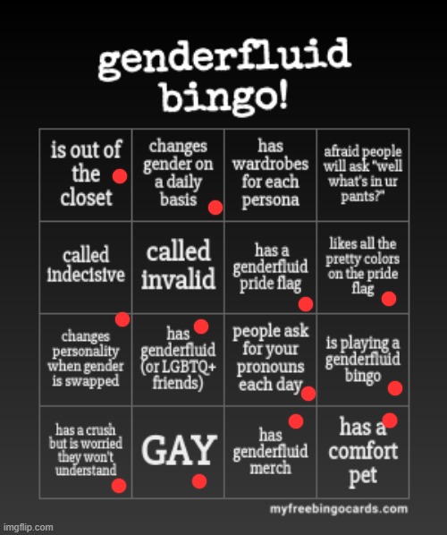 I made a bingo for genderfluid folks. Ill go first | image tagged in onedepressedrose's genderfluid bingo | made w/ Imgflip meme maker