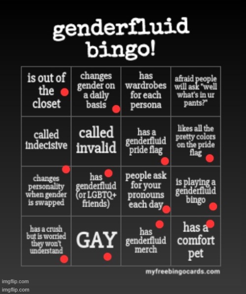 made this for you guys. feel free to use. i went first. temp is under, "OneDepressedRose GENDERFLUID BINGO" | image tagged in gender fluid | made w/ Imgflip meme maker