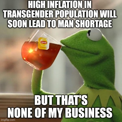 But That's None Of My Business | HIGH INFLATION IN TRANSGENDER POPULATION WILL SOON LEAD TO MAN SHORTAGE; BUT THAT'S NONE OF MY BUSINESS | image tagged in memes,kermit the frog | made w/ Imgflip meme maker