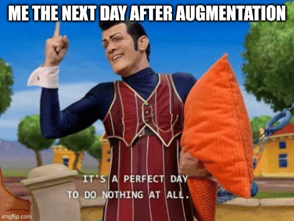 It's a perfect day to do nothing at all | ME THE NEXT DAY AFTER AUGMENTATION | image tagged in it's a perfect day to do nothing at all | made w/ Imgflip meme maker