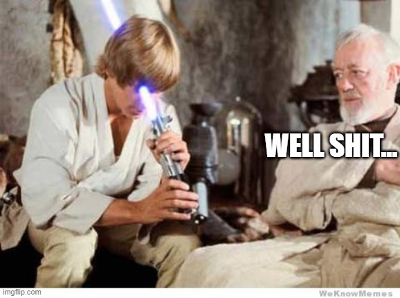 Luke lightsaber Fail | WELL SHIT... | image tagged in luke lightsaber fail | made w/ Imgflip meme maker