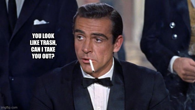 James Bond | YOU LOOK
LIKE TRASH,
CAN I TAKE
YOU OUT? | image tagged in james bond | made w/ Imgflip meme maker